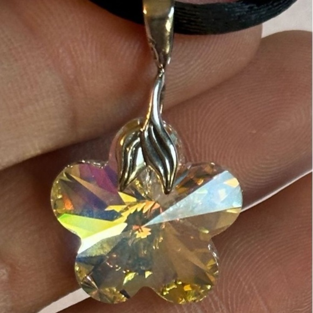 Handmade Sterling Silver & Austrian Crystal AB Flower pendant w/satin cord